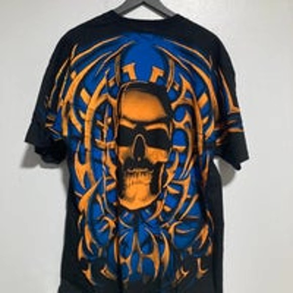 Vintage Liquid Blue Skull Pile Tribal 90s Shirt 1998 AOP NWT XXL - Picture 2 of 5